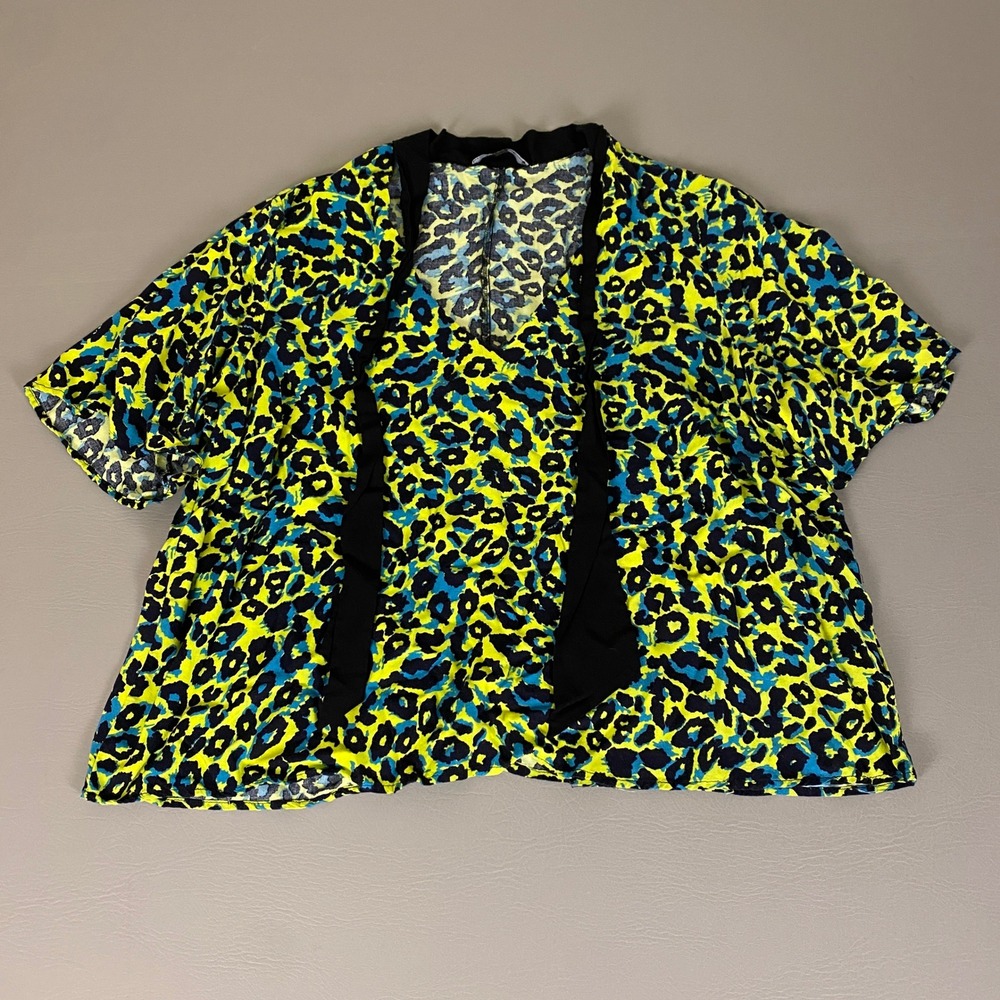 New Look Leopard Print Bright Blouse Top Plus Size 3X Tie Neck Short Sleeve